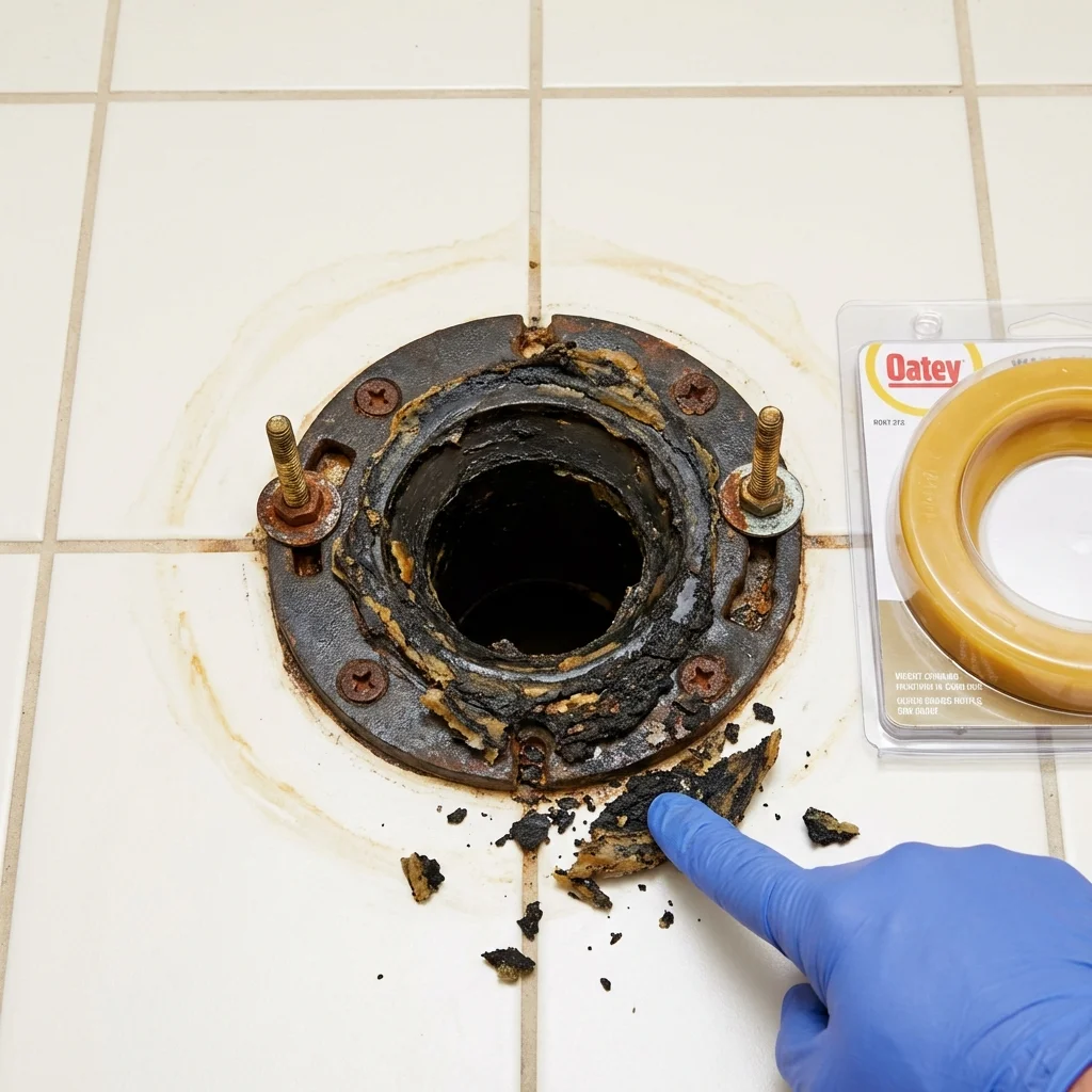Failed wax ring showing water seepage at the base of a toilet in a Monroe, NC home